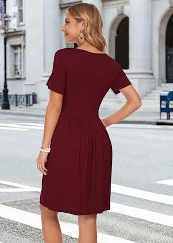 AUSELILY Wein Rot Kleider Damen Sommerkleid A Linie Kleid Casual Freizeitkleid Kurzarm Lose Fit M 3