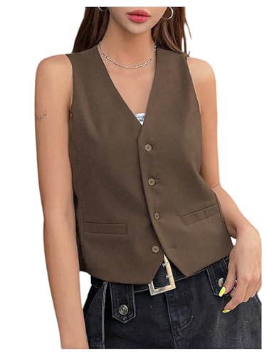OYOANGLE Women's Suit Vest V Neck Button Front Business Casual Sleeveless Blazer Workwear