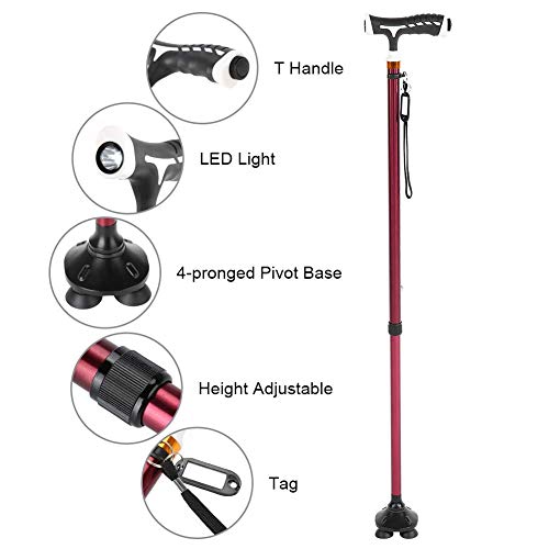 Cane with T Handle, Aluminum Lightweight Cane Walking Stick, Non-Slip Walker Crutches with LED Light, Height Adjustable, 360 ° Rotating Support for Seniors & Disabled, 74-94cm - Thumbnail 4