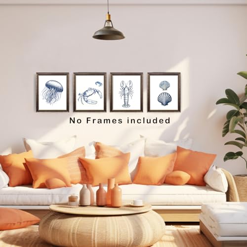 XUNLURY Navy Blue Coastal Beach Wall Art Prints Unframed Set of 4, Minimalist Nautical Ocean Seashell Jellyfish Crab Lobster Artwork Wall Pictures for Beach House Cabin Home Bedroom, 8x10 - image 3