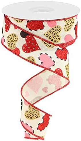 Multi Patterned Hearts on Canvas Wired Edge Ribbon, 10 Yards (1.5 Inch, Cream)