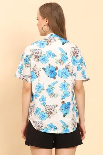 Image of Womens Casual Shirt Soft Beach Shirts Floral Tropic Print V Neck T-Shirt Short Sleeve Button Up Tops (WMS1 White Turquoise M)