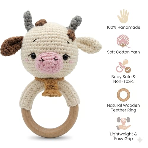 Image of Crochet Baby Teether Cow - Soft Handmade Cotton Rattle Toy with Wooden Ring for Infants - Cow 1 PCS