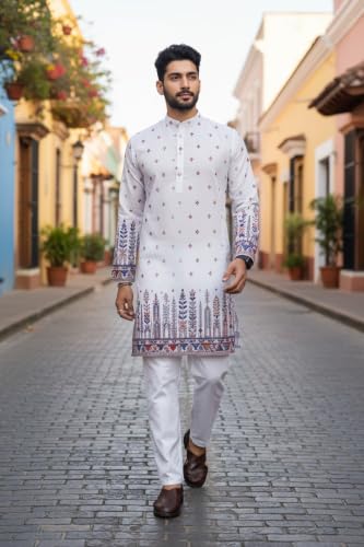 Image of Trustous Men's White Printed Kurta | Stylish Ethnic Wear Kurta for Men | Regular Fit Traditional Kurta | Festive, Wedding, Party & Casual Wear