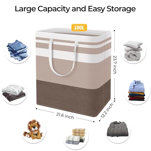 HomeHacks 2-Pack Large Laundry Basket, Waterproof, Freestanding Laundry Hamper, Collapsible Tall Clothes Hamper with Extended Handles for Clothes Toys in the Dorm and Family (Brown, 100L)