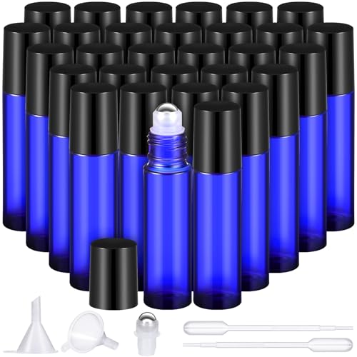 Domensi 30 Pcs Essential Oil Bottles, 10 ml Glass Bottle with Stainless Steel Roller Ball and Cap for Travel, Perfume, Lip Balm, 2 Funnels, 0.5 ml Dropper(Cobalt Blue)