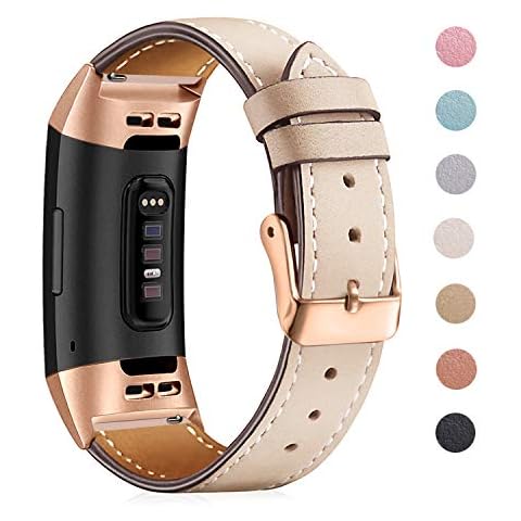 Mornex Strap Compatible with Fitbit Charge 3 Strap/Charge 3 SE/Charge 4 Leather Band, Classic Adjustable Replacement Wristband Fitness Accessories Metal Connectors,Rose Gold-Beige Cover