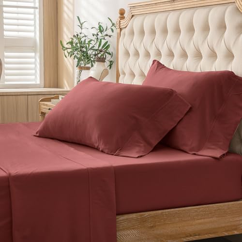 PURE ERA Jersey Knit 4pc Bed Sheet Set 100% T-Shirt Cotton Super Soft Comfy Breathable Fits Mattress Up to 20" Extra Deep Pocket (Solid Brick Red, Queen)