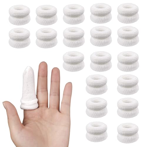 BOXOB 20pcs Cotton Pads Fingertip Bandages, Breathable Elastic Finger Tip Cots Covers for Wound Protection Flexible Thumb Gauze Sleeves Glove Protectors for Work Sculpture Kitchen & Gardening