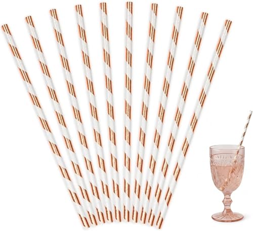 Decoraparty 10 Cannucce in Carta Oro Rosa e Bianche h 19,5 cm, per Festa Compleanno, Party, Eventi, Bevande, Drink, Cocktail, Eleganti, Rose Gold Straws - Altezza 19,5 cm