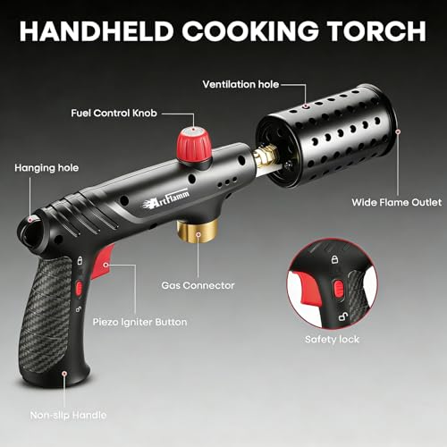Image of ARTFLAMM Propane Torch with Safety Lock, Powerful Cooking Blow Torch Gun for Grill, BBQ, Sous Vide & Charcoal- Adjustable Flame Cooling Vents Design (Tank Not Included)