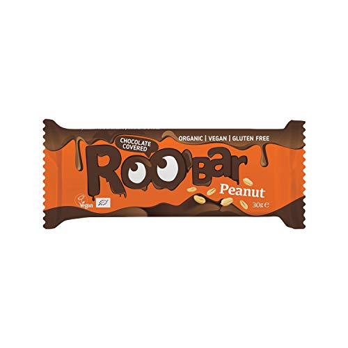 Roobar Erdnuss-Riegel mit Schokoladenüberzug – 100% Bio, Vegan, Fruchtriegel, milchfrei & glutenfrei, ohne raffinierten Zucker - 16 x 30g Riegel