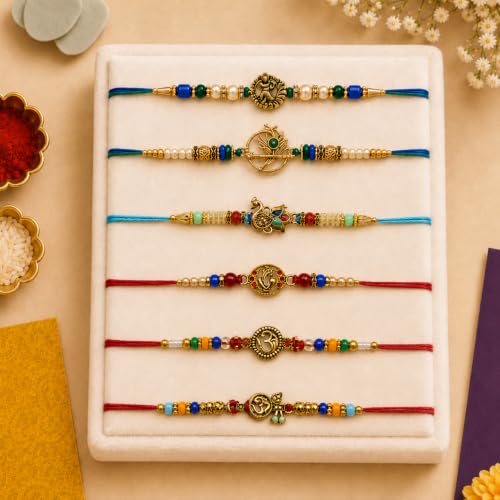 Image of CraftVatika Rakhi with Gift for Brother, Rakhi Set of 6, Rakshabandhan Gift Combo Set for Boy Men, Traditional Om Peacock Ganesha Religious rakhies with Best Wishes Card and Tilakk, Raksha Sutra