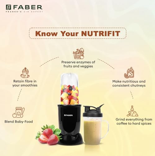 Image of Faber 550W Sportz Blender FSB 5-in-1 Nutrifit Nero|100% Copper Motor|Detachable SS Blade|5 PC Jars 1L+500ML+500ML Mug+300ML+300ML Dessert Cup|Dry & Wet Grinding|Nutri Blender Smoothie|2 Year Warranty