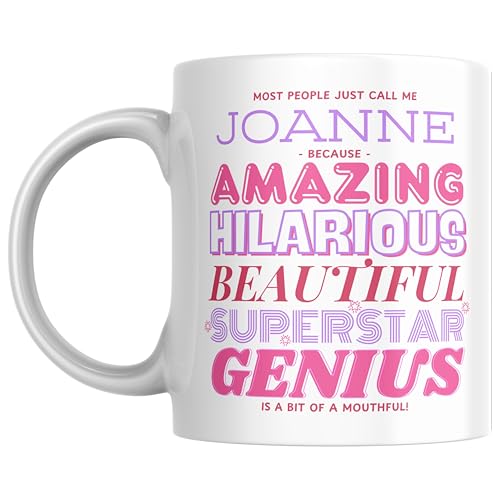 Image of Designs of note! Joanne Personalised Ceramic Mug | “Most People Just Call Me Joanne” Funny Novelty Name Mug for Her | Light-Hearted Gift for Women or Girls (Pink)