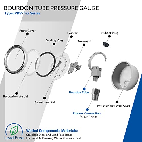 Image of SENCTRL 100 Psi Lead-Free Pressure Gauge, 2 inch Dial, 1 /4 NPT Lower Mount, Anti-Fog, Waterproof, Stainless Steel Case, for Home Potable Water Tank, Well Pump, RV Regulator, Espresso, Pool Filter Test