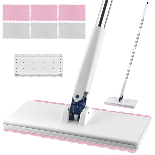 Snap Grip Mini Mop with 6 Washable Pads Lazy Dry Wet Mops Household Items for Wall Window Ceiling Dust Mop with 47 Handle Zero-Touch Flat Floor Mops for Floor Cleaning for Home Kitchen Bathroom