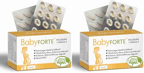 BabyFORTE Folsäure + Omega-3 | Algenöl | Alle Trimester | 18 Schwangerschaftsvitamine vegan | 60 Kapseln | Quatrefolic, Magnesium, Jod, DHA EPA Schwangerschaft | Stillzeit (Packung mit 2)