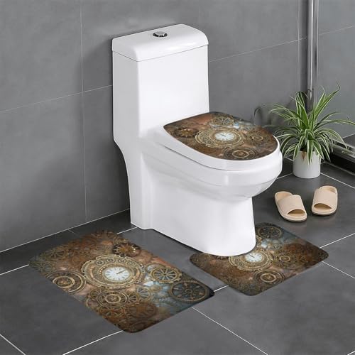 スチームパンク 時計柄 トイレマット 3点セット フタカバー 浴室足ふきマット 吸水 速乾 滑り止め 抗菌 防臭 洗える ふわふわ プレゼント 40x60cm