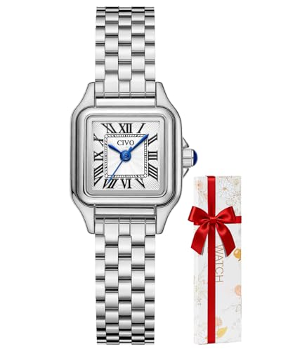 CIVO Klein Analog Damenuhr Silber: Elegante Eckig Edelstahl Wasserdicht Armbanduhr Damen mit Römischen Zahlen für Business Alltag und Geschenk für Frauen