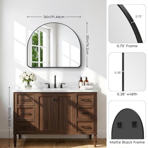 Image of BONEWEI Arched Wall Mirror,36 inchx30 inch inch Black Arched Mirror Bathroom,Vanity Mirror for Over Sink Metal Frame,Tempered Glass Arch Mirrors for Bedroom,Entryway,Living Room,Home Decor Shatter-Proof