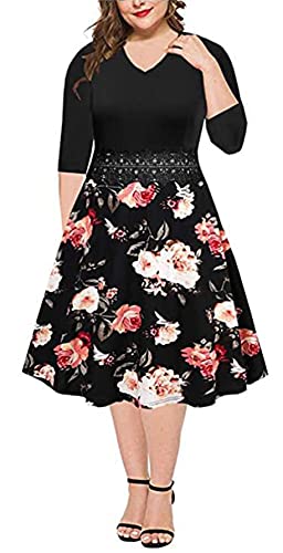 BEDOAR Plus Size Fall Dresses for Curvy Women-Wedding Guest Casual Empire Waist Cocktail Semi Formal Midi Dresses(B013Black Floral-24W)