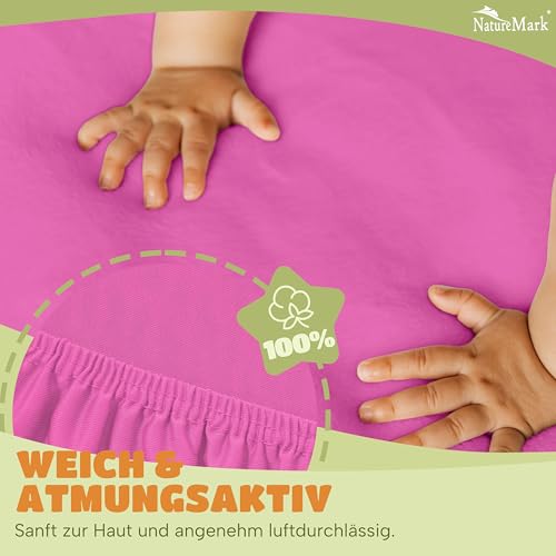 NatureMark Kinder Spannbettlaken 70x140 cm – Weiches Jersey, 100% Baumwolle, 2er Set für Babybett und Kinderbett, Pink – Ansicht 5
