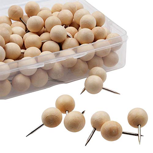 FCOZM Round Wood Push Pins (Pack of 130pcs), Wood Head and Steel Needle Point Decorative Thumb Tacks for Photos, Maps, Wall and Cork Boards (Round)
