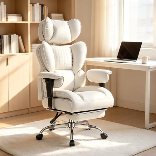 Image of Big and Tall Office Chair 350 LBS, Scratch-Resistant PU Leather Executive Office Desk Chair with Footrest, Ergonomic Reclining Computer Chair with Pocket Spring Support for Home Office, Beige