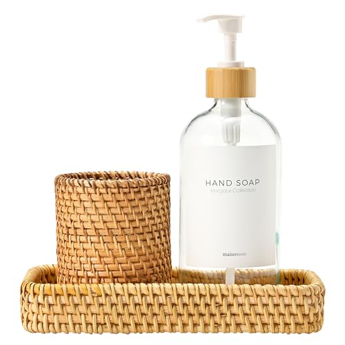 MaisoNovo Rattan Bathroom Set - Clear Countertop Dispenser, Toothbrush Holder & Toothpaste Cup with Tray - Set of 3 - Rattan Bathroom Vanity Trays Rectangle for Storage