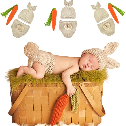 Image of BabyMoon Set of 3 | Baby Carrot Theme Rabbit Costume | Baby Photoshoot Props | Baby Gift Set | Short Hat & Carrot Toy | 0-3 Months
