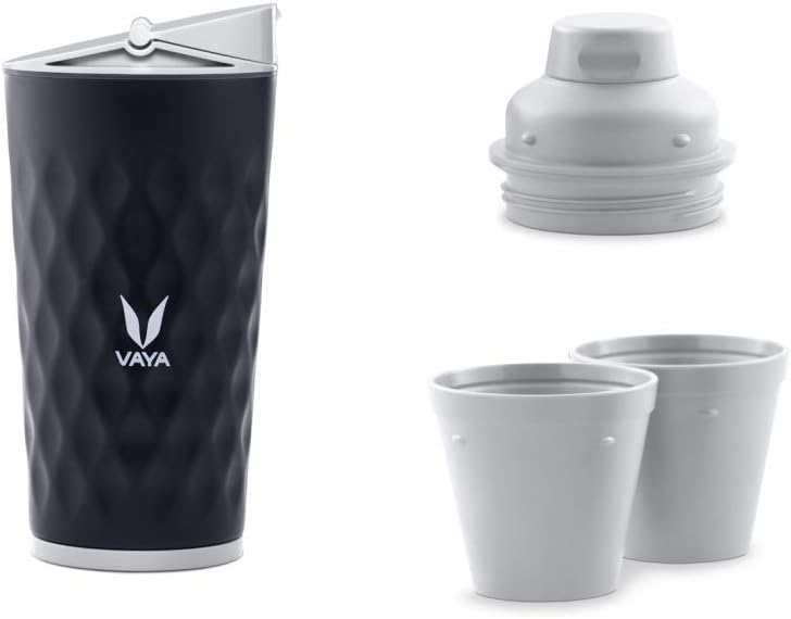 VAYA DRYNK Stainless Steel Water Bottle for Kids, 350ml Vacuum Insulated Water Bottle with Sipper, Gulper Lid, and 2 Tumblers, Hot and Cold Water Bottle for Boys, Leakproof Travel Bottle,Black