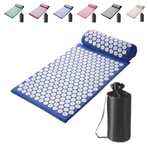 Sandqvipa針刺しマッサージマット、ヨガ、ツボリラックス エクササイズ 鍼 リラクゼーション リフレクソロジー スパイク 枕付き 専用ケース付き ストレス解消 (ブルー,クッション+枕+布バッグ+カラーボックス)