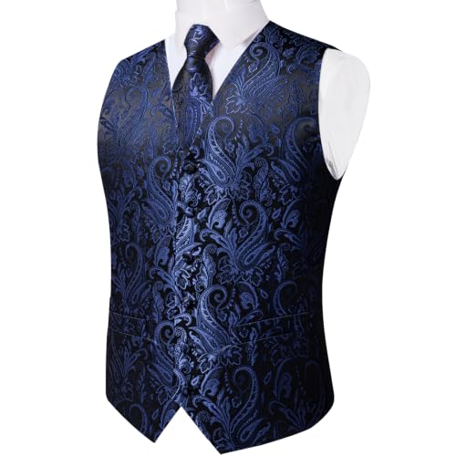 Image of DiBanGu Mens Vest and Tie Set Formal Paisley Waistcoat and Necktie Pocket Square Cufflinks Silk Suit Vest for Tuxedo Wedding