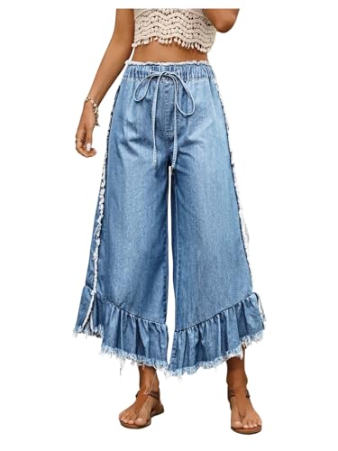 Verdusa Women's Ruffle Fringe Cropped Jeans Streetwear Wide Leg Baggy Denim Pants