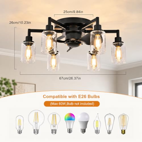 Image of Garwarm 26IN Ceiling Fans with Lights, Black Flush Mount Ceiling Fan with Lights Remote Control,Low Profile Bladeless Ceiling Fan Light Fixture for Bedroom, Kitchen, Dining Room