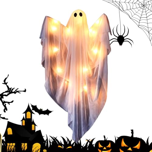 Syengery Fantasma Decoración de Halloween - Fantasma Iluminado - Estatua Luminosa Divertida y Espeluznante con Sonidos para Interior Exterior Casa Ventana Porche Puerta Fiesta Nocturna,para Exterior