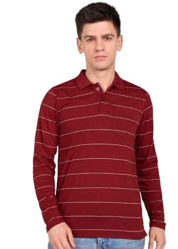 Image of INKKR Men Full Striped Polo Neck Cotton Blend T-Shirt