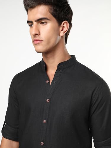 Image of Urbano Fashion Men's Linen Blend Full Sleeve Relaxed Fit Mandarin Collar Casual Solid Shirt