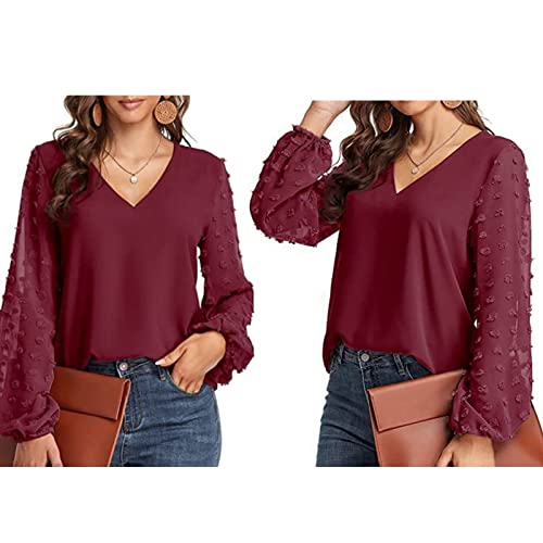 Blusa de Chiffon para Mulheres Com Decote Em V Confortável Linda Blusa Feminina Elegante Vermelho Vi