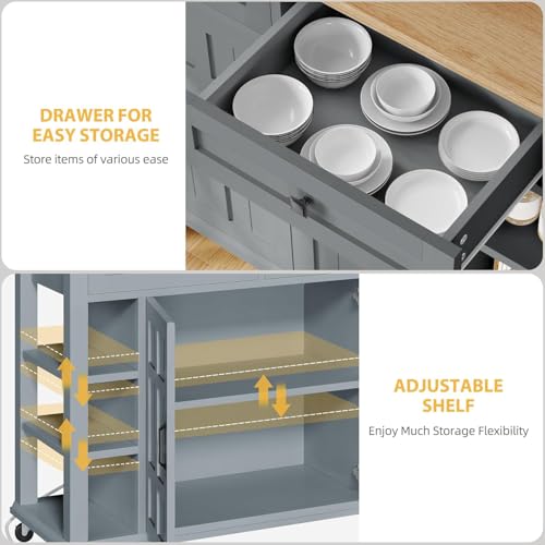 DWVO Rolling Kitchen Island with Drop Leaf, Mobile Storage Islands with Power Outlet Foldable Tabletop, 2 Drawers and Open Shelves, for Living Room, Dining Room, Blue Gray