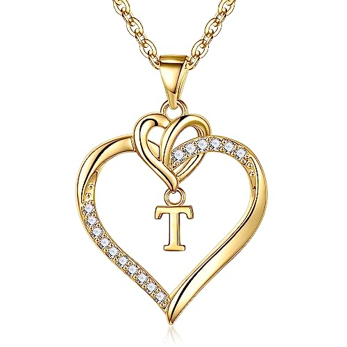 STORUP Heart Initial Necklaces for Women Heart Initial T Necklace Dainty 14K-Gold-Plated Heart Necklaces for Women Cute Heart Necklaces for Women Jewelry Gifts for Women