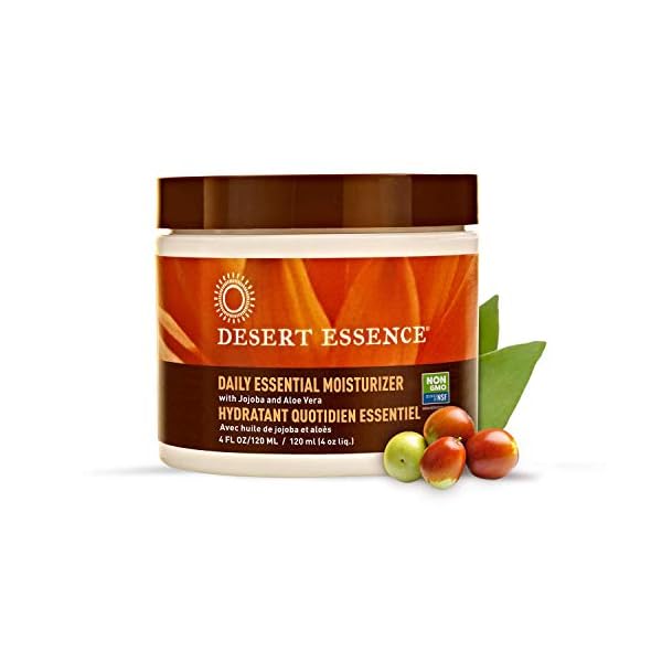 Desert Essence Daily Essential Moisturizer - Nourishing Jojoba, Organic Aloe Vera, Safflower & Geranium Oil - Light-Weight Soothing, Softening Facial Cream - Vegan, Non-GMO, Sulfate & SLS Free - 4oz