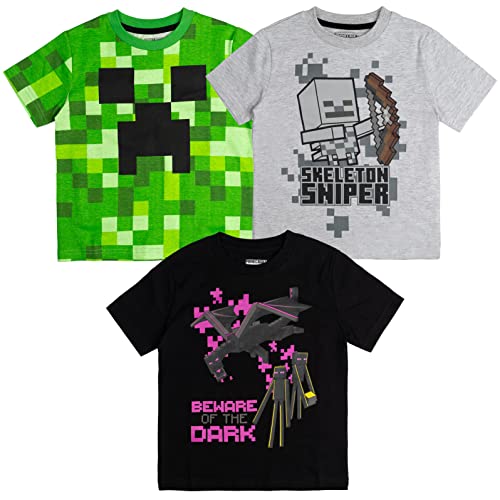Minecraft Little Boys 3-Pack Short Sleeve Graphic Tees with Allover Print Green Heather Black 7-8