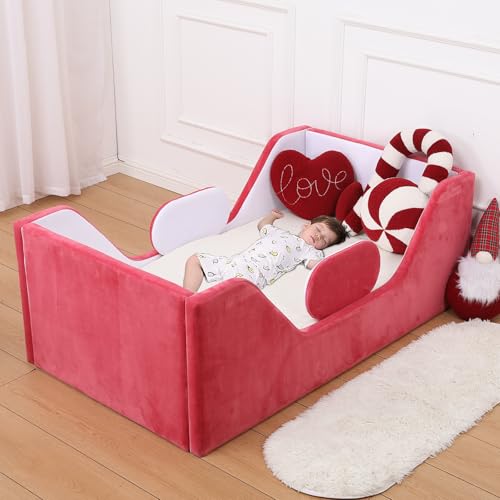Image of weeonekids Toddler Bed, Child Bed for Kids with Extra Safty Broad, Standard Crib Size Toddler Bed, Certified Fabric Toddler Beds,Toddler Flood Bed (Mixed White /Red)