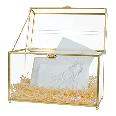 Jajamy Glass Wedding Card Box with Slot, Large Clear Card Box Gold Brass Gift Card Storage Box Perfect for Wedding Receptions, Birthday Party, Bridal Shower Greeting Card Organizer Cover