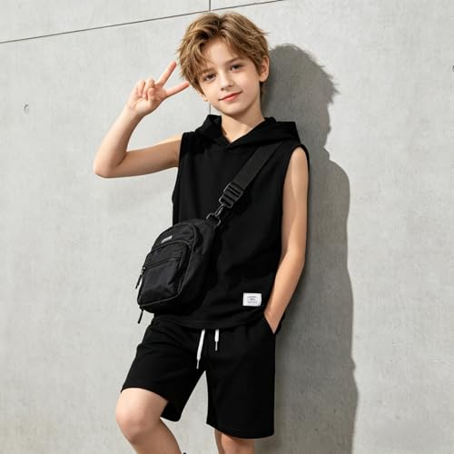 Image of Size 6-12 Years Boys Summer Clothes Hooded Sleeveless Tank Tops Workout Shorts 2 Piece Set Fashion Outfits