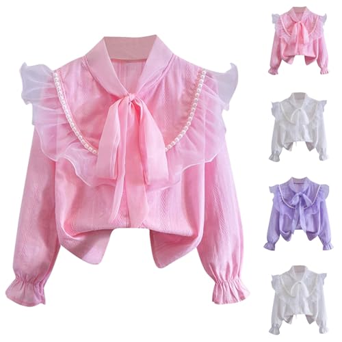 Girls Mesh Ruffle Bow Front Tie Neck Shirt Cute Pearl Decor Mock Neck Long Sleeve Blouse Top for 3-14 Years2
