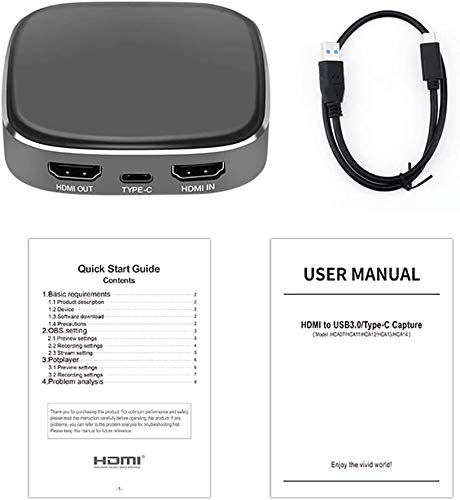 Package contents including capture card, Type-C cable, and manuals