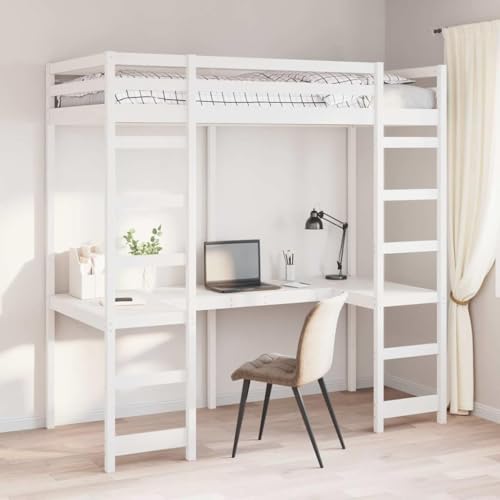 Teenpull Estructura de Cama Alta 80 x 200 cm de Madera de Pino Macizo, con Escritorio Inferior, Escalera y barandillas, Cama somier para Dormitorio, almacenaje y Ahorro Espacio en hogar